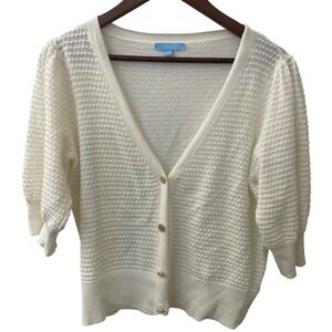 Draper James RSVP Off  White Textured Puff Sleeve Cardigan Sweater Large